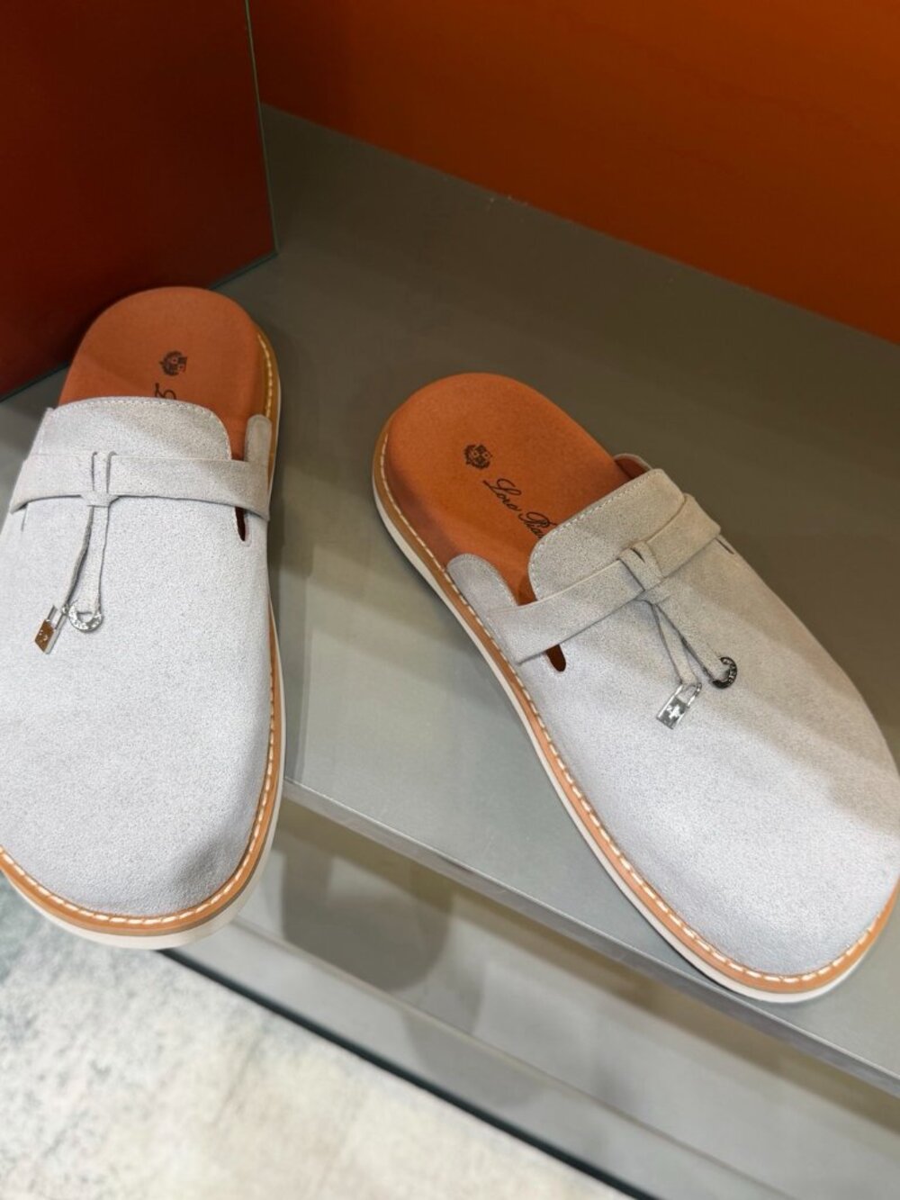 Loro Piana Suede Charms Mules Light Grey Slip On Clogs Flat Shoes